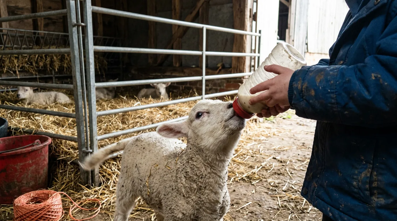 A child's hands holding a feeding bottle for a lamb in a straw pen on a working farm in spring