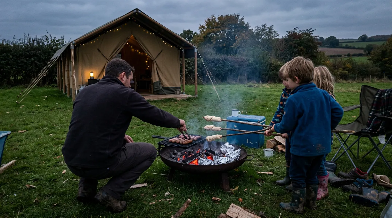 Sausages on the grill and twist bread on sticks over a fire pit beside a canvas lodge on an autumn evening