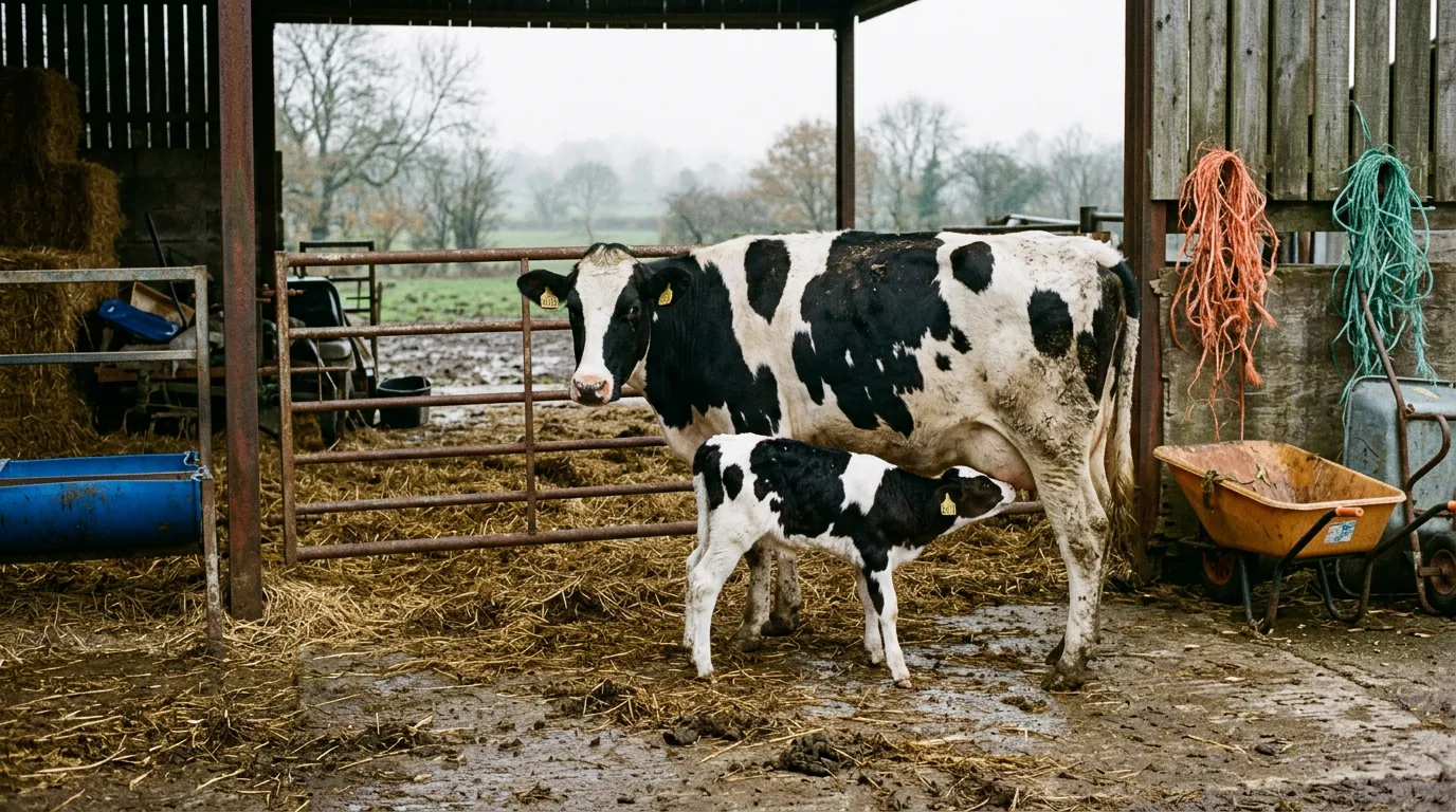 A Holstein Friesian cow with her newborn calf in a straw barn, as a cow only makes milk after calving