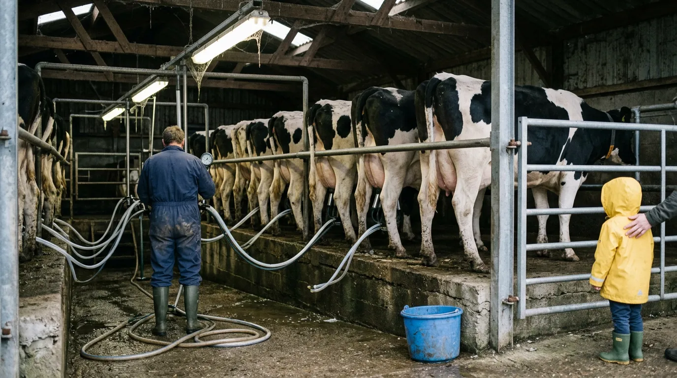 Dairy cows in a farm milking parlour at dawn while a child in a yellow raincoat watches from behind the gate