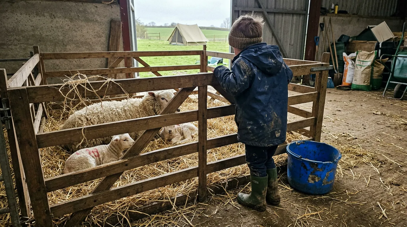 Ewes and young lambs in a straw pen at lambing time, with a canvas farm stay tent in the field outside