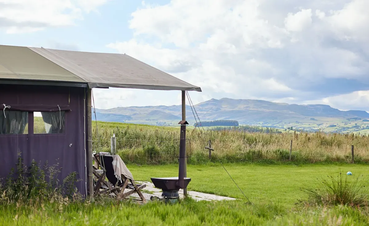 Canvas lodges at Pant y March look straight out over the hills around Bala in North Wales