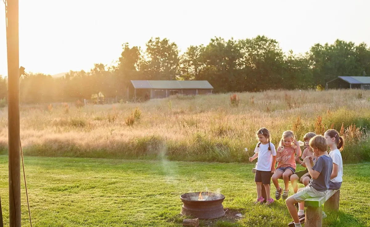 Toasting marshmallows round the fire pit at sunset is the best bit of a farmstay outside Bristol